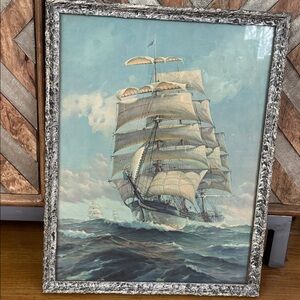 Vintage Nautical Ship Art Print with Textured original Frame